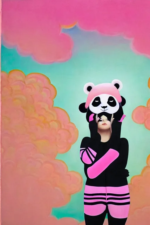 Image similar to an image of a girl with pink hair wearing a panda onesie looking across, evokes chrysalism painting by mark ryden, and lisa frank