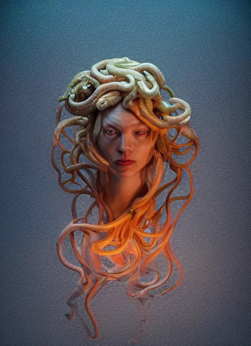 Prompt: subsurface scattering, medusa made of soft wax by giger, cgsociety, translucent, wooden art nouveau swirls, colored smoke, gold cables, electricity, tubes, in the style of ruan jia and beeple, mystical colors, back light, rim light, dramatic lighting, 8 k, stunning scene, raytracing, octane render