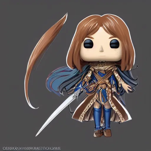 Image similar to “A detailed stunning and beautiful anime woman with brown flowing hair, long blue-cape, decorative leather armor, great proportions, excellent detail, surrounded by a catacomb of books, high quality, Full-body character portrait, trending on artstation, by POP FUNKO”