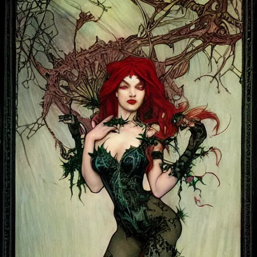 Image similar to a beautiful and detailed matte painting of a seductive succubus dressed as poison ivy, fantasy, d & d, dark eyeliner, intricate, elegant, highly detailed, digital painting, artstation, concept art, matte, sharp focus, illustration, art by rebecca guay and by arthur rackham and by alphonse mucha and by john william waterhouse