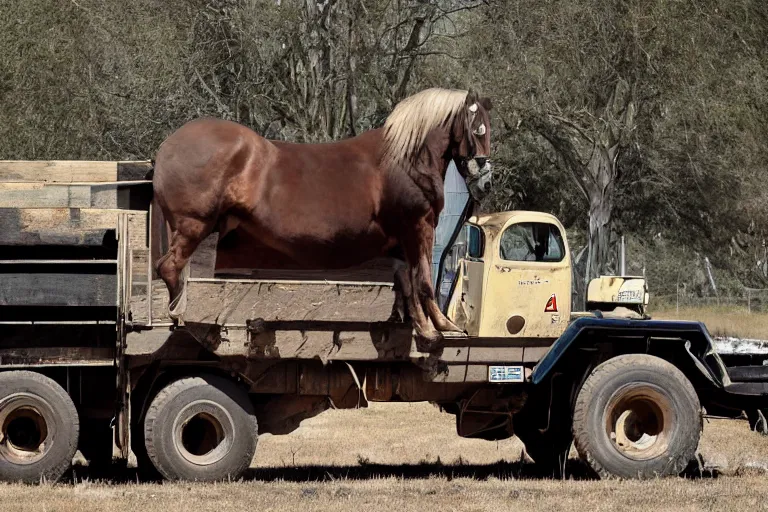 Prompt: dump truck with the body of a horse, photograph,