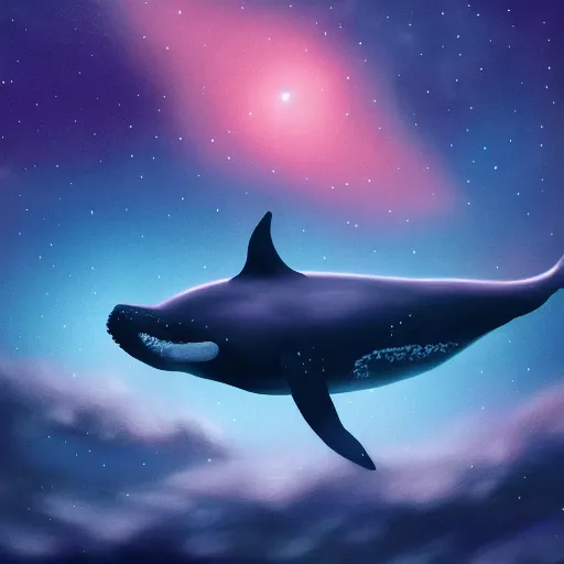 Image similar to portrait of whale swimming on a night sky, swimming across the universe, oniric, dreamy, beautiful, highly detailed, cinematic, trending on artstation