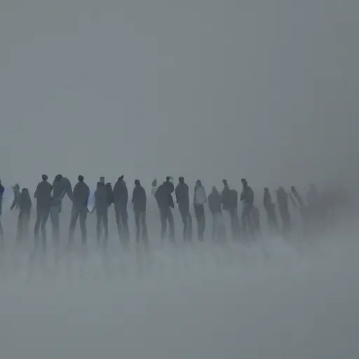 Prompt: illustration of rows of humans hanging on hooks in an ice box, fog rolling on the ground
