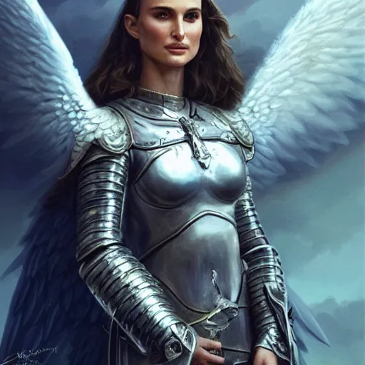 Image similar to portrait of Natalie Portman as a young aasimar angel valkyrie warrior girl maiden wearing comfy leather armor with beautiful feathered angel wings, blue eyes, beautiful face, Emily Ratajkowski, innocent, intricate, elegant, highly detailed, ultradetailed, hyperdetailed, artstation, concept art, smooth, sharp focus, illustration, art by artgerm and greg rutkowski and Rossdraws and Bluesssatan and Mandy Jurgens and alphonse mucha