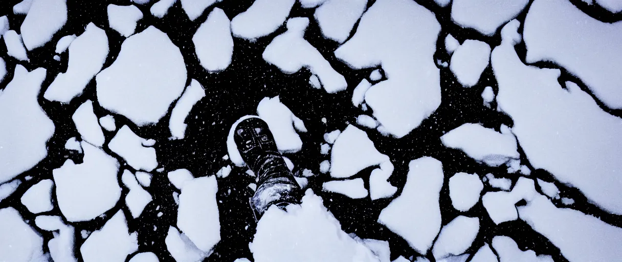 Prompt: top view extreme closeup movie like 3 5 mm film photograph of the silhouette of a man from the knees down wearing heavy boots walking through the antarctic snow during a heavy blizzard