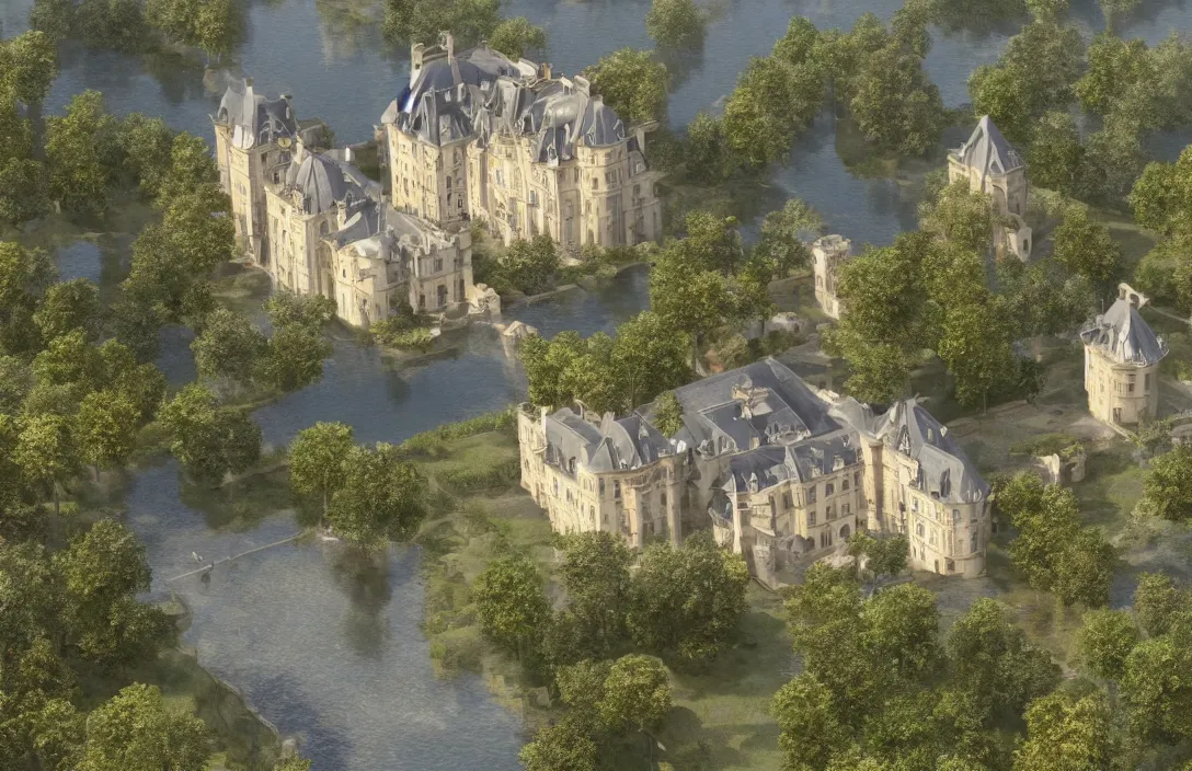 Prompt: a hyper realistic professional photographic view picture of a french chateau filter unreal engine 5 realistic hyper detailed 8k ultradetail cinematic concept art volumetric lighting, very beautiful scenery, very realistic painting effect, hd, hdr, cinematic 4k wallpaper, 8k, ultra detailed, high resolution, artstation trending on artstation in the style of Albert Dros glowing rich colors powerful imagery nasa footage drone footage drone photography