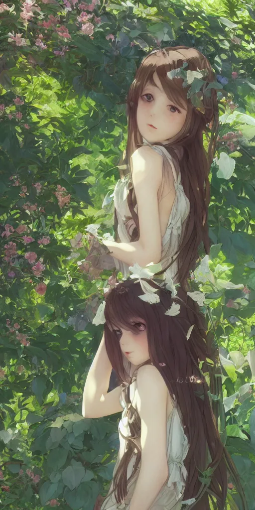 Prompt: a digital art of a loli with long hair in a dark colour dress in the privet garden at after noon, green and warm theme, back lighting, by krenz cushart and mucha and akihito yoshida and greg rutkowski and makoto shinkai, extremely long shot, detailed eyes, 4 k resolution, trending on art station