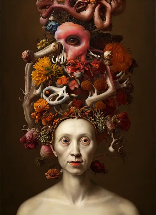 Prompt: strange, looming head, biomorphic painting of a woman with large eyes, wearing a crown of flowers and bones, deep rich colours by, rachel ruysch, and charlie immer, highly detailed, emotionally evoking, head in focus, volumetric lighting, oil painting, timeless disturbing masterpiece