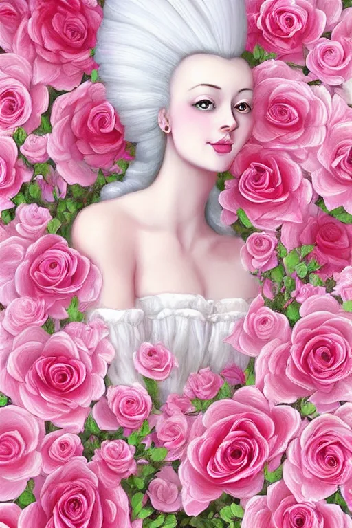 Prompt: beautiful digital painting Marie Antoinette pink roses, by Georgia O\'Keeffe, Carmelo Blandino, Cyril Rolando, artstation, Behance, 4K,