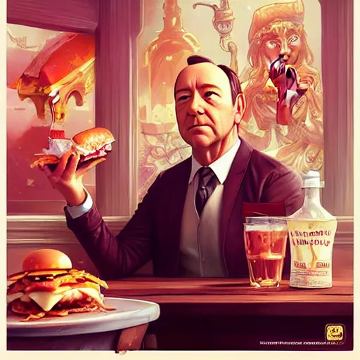 Prompt: Kevin Spacey eating big macs, dripping BBQ Sauce, serving happy meals, D&D, spilling ketchup, fantasy, intricate, elegant, highly detailed, digital painting, artstation, concept art, matte, sharp focus, illustration, hearthstone, art by Artgerm and Greg Rutkowski and Alphonse Mucha