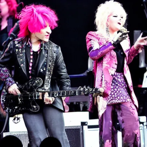 Prompt: Photo of Cyndi Lauper and Prince jamming on a stage at a festival