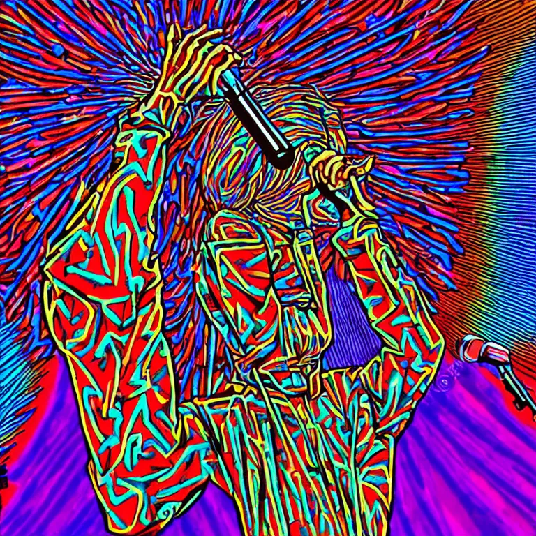 Image similar to rapping on stage at festival, holding microphone, giant crowd, epic angle, profile view, psychedelic hip hop, illustrated by Alex Grey