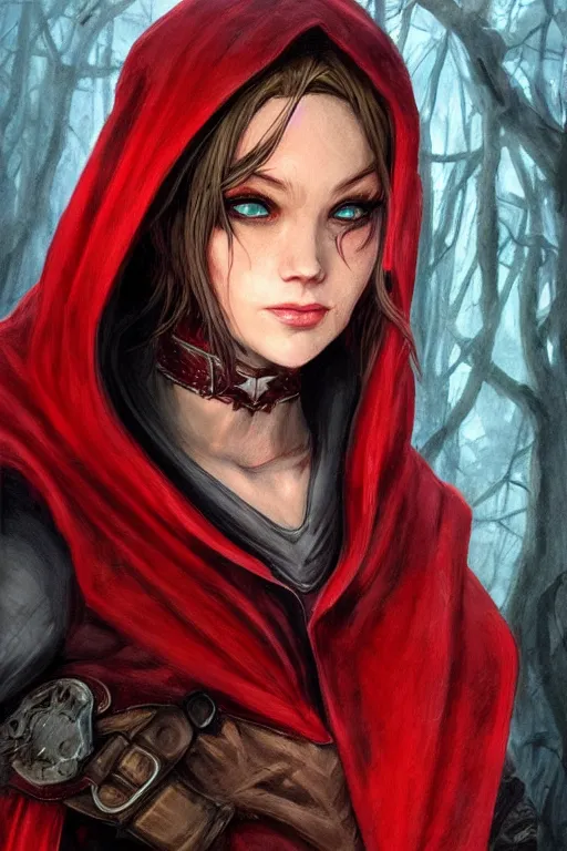 Image similar to thief red riding hood, d & d, fantasy, portrait, highly detailed, headshot, digital painting, trending on artstation, concept art, sharp focus, illustration, art by artgerm and travis charest