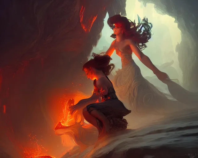 Prompt: photography of two people in volcano, deep focus,, fantasy, intricate, elegant, highly detailed, digital painting, artstation, concept art, matte, sharp focus, illustration, hearthstone, art by artgerm and greg rutkowski and alphonse mucha