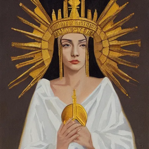 Prompt: the young sovereign of mars in the prime of her reign and the height of her power, looking to the side with fierce but kind eyes, dressed in white and gold robes and a golden laurel crown, inspired by roman emperors, abstract oil painting