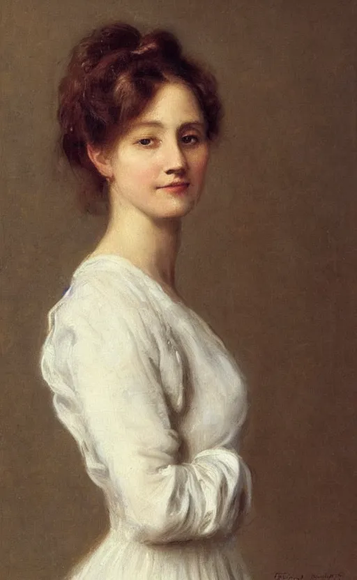 Prompt: portrait by eugen von blaas!!! of a woman!! with brown!! hair!! bun hair! slight smile! dreamy, lovely, bubbly