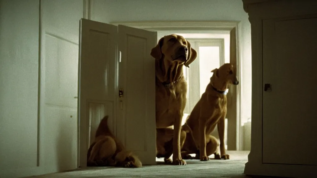 Image similar to giant dog in the cupboard, film still from the movie directed by Denis Villeneuve with art direction by Salvador Dalí, wide lens