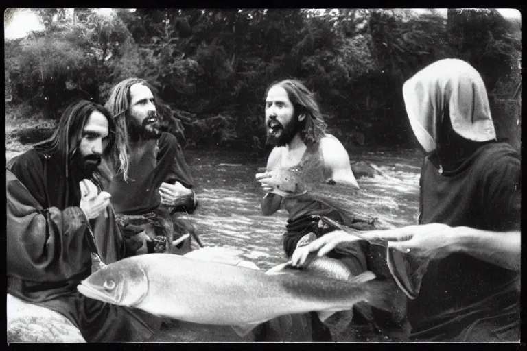 Image similar to old polaroid of jesus arguing with jonh about the fish