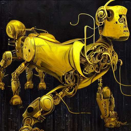 Image similar to a fullmetal wired neon robot kerberos in yellow noir without memory nor feelings, althoughbhe believes he is a god, oil on canvas by dave mckean and esao andrews