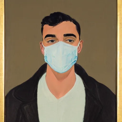 Image similar to portrait of young man wearing black medical mask, style of coby whitmore