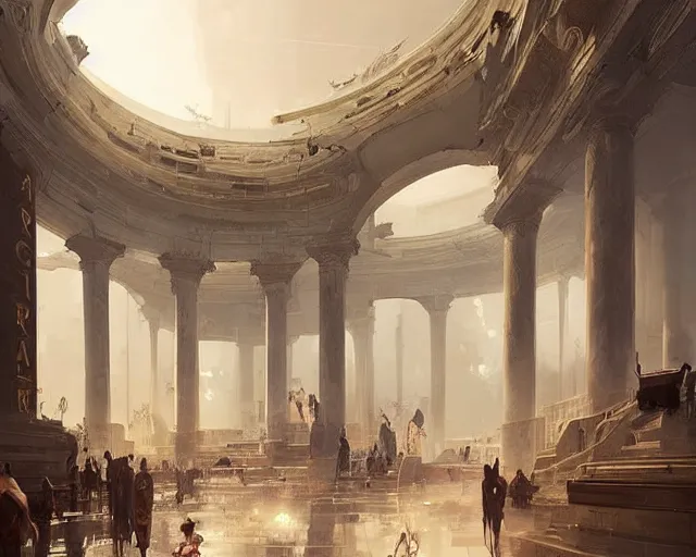 Image similar to a mall in the style of ancient republican greece, art by greg rutkowski and artgerma, stunning concept art, interior design architecture