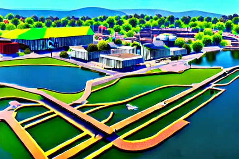 Image similar to bird's eye view photography of a small city. town hall, central farm, monorail station, inlet and shipping dock. hills, woods and pond to the north.