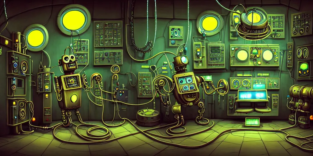 Prompt: steampunk robot happy Funny cartoonish with neon cables at a nuclear control room, by Gediminas Pranckevicius H 704