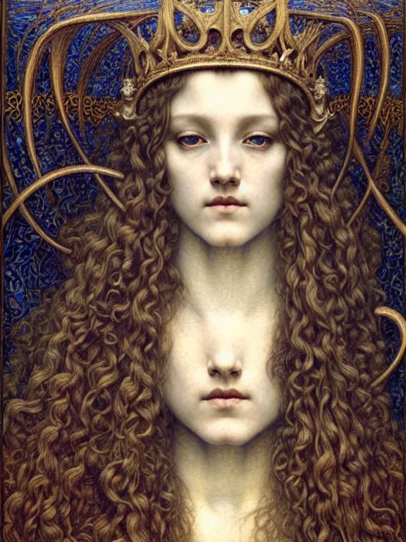 Image similar to detailed realistic beautiful young medieval queen face portrait by jean delville, gustave dore and marco mazzoni, art nouveau, symbolist, visionary, gothic, pre - raphaelite. horizontal symmetry