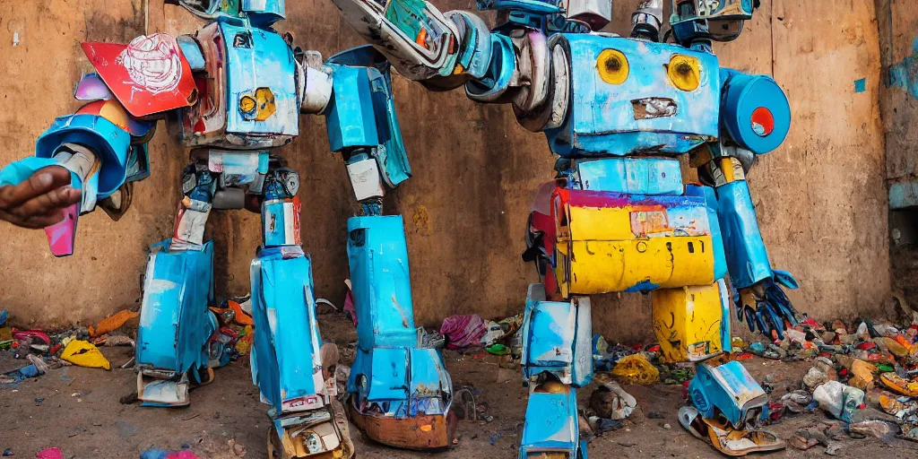 Image similar to colourful but damaged giant mecha ROBOT of AJEGUNLE SLUMS of Lagos, markings on robot, Golden Hour,