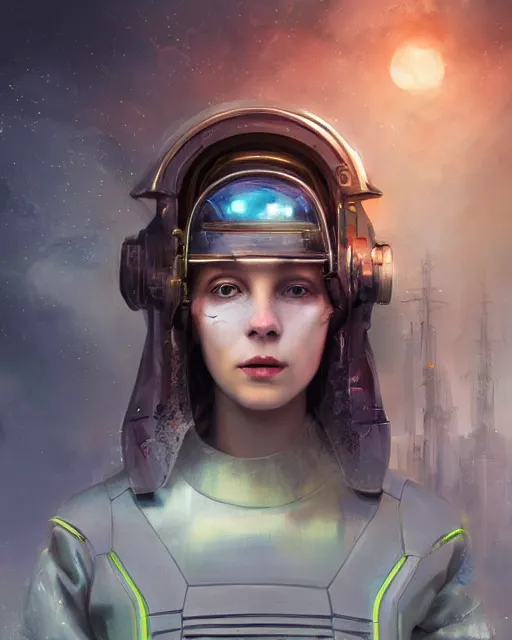 Image similar to a beautiful intricate exquisite imaginative exciting fashionable futuristic close up portrait of a young female astro engineer with stern looks, mechanical uniform, neon lights on hood and jacket by ruan jia, tom bagshaw, peter mohrbacher, brian froud, futuristic organic city in the background, epic sky, vray render, artstation, deviantart, pinterest, 5 0 0 px models