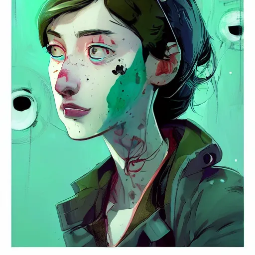Image similar to Highly detailed portrait of pretty post-cyberpunk zombie young lady with, freckles and beautiful hair by Atey Ghailan, by Loish, by Bryan Lee O'Malley, by Cliff Chiang, inspired by image comics, inspired by graphic novel cover art, inspired by izombie, inspired by scott pilgrim !! Gradient green, black and white color scheme ((grafitti tag brick wall background)), trending on artstation