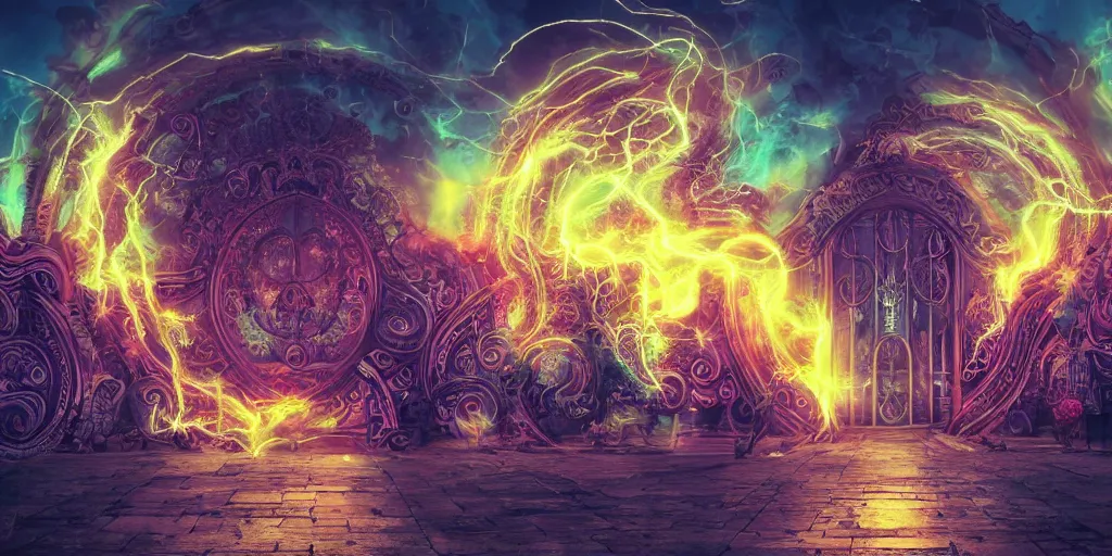 Prompt: [ palate ] [ electric energy ] [ muted colors ] soul spirits congregating in front of an intricate giant gothic gateway, deity spirit at the gate, vibrant neon nebulous clouds, paisley pattern synapse clouds, symmetrical details, hyper realistic illustration, radiant light rays, photorealistic illustration, intricate and fine details, volumetric lighting, artstation