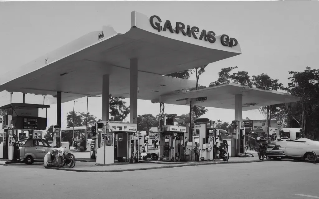 Image similar to ed ruscha standard gas station but in sri lanka with people queueing in front with cars and mopeds.