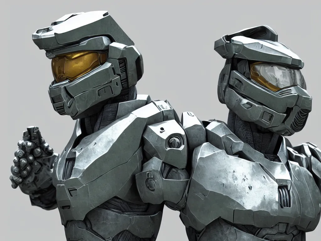 Image similar to master chief bust shot, studio photo, 3 d render, unreal engine, stunning scene, hdr, dynamic lighting, chrome, metallic, shiny, reflective, 8 k