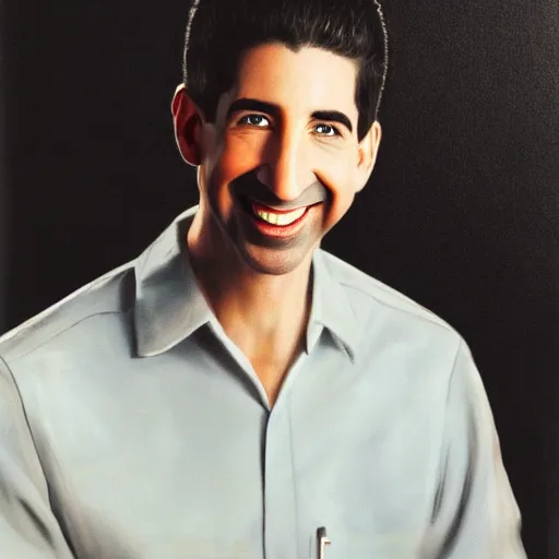 Prompt: portrait of Ross Geller, his teeth glowing white