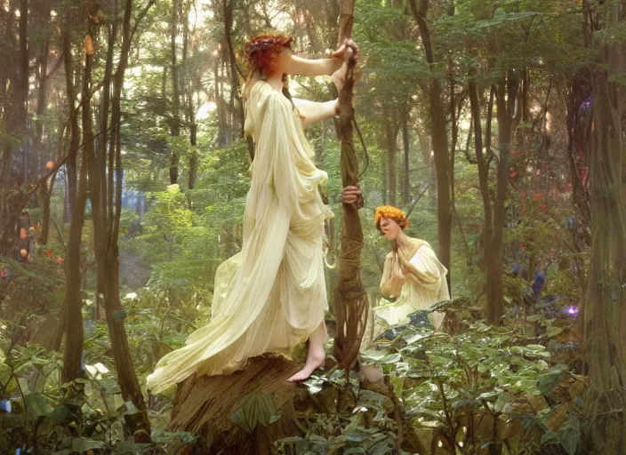 Prompt: will - o'- wisp forest, lush trees, a group of fairies dancing around a maypole, magical, vivid colors, rule of thirds, a fantasy digital painting by alphonse mucha, by greg rutkowski, by john william waterhouse, by james gurney, trending on artstation, highly detailed, sharp lines