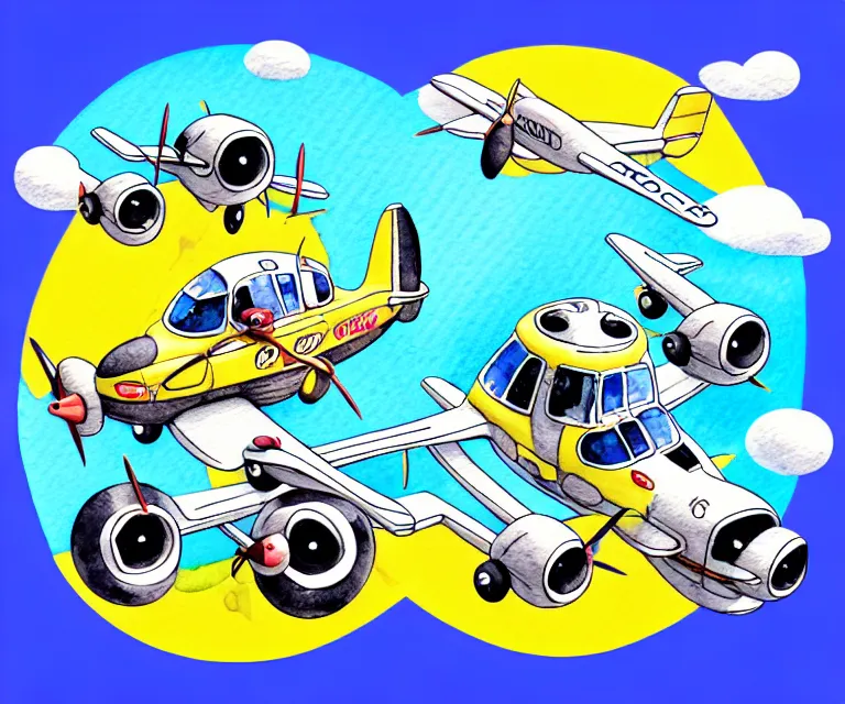 Image similar to cute and funny, racoon riding in a tiny airplane with oversized engines, ratfink style by ed roth, centered award winning watercolor pen illustration, isometric illustration by chihiro iwasaki, edited by range murata, tiny details by artgerm and watercolor girl, symmetrically isometrically centered