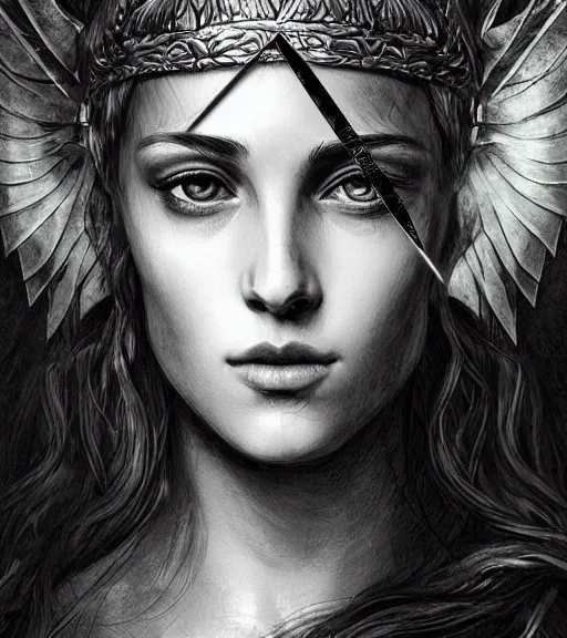 Image similar to beautiful aphrodite goddess wearing an arrow on her head, realistic face, beautiful eyes, black and white drawing, in the style of greg rutkowski, fantasy, amazing detail, epic, intricate, elegant, smooth, sharp focus