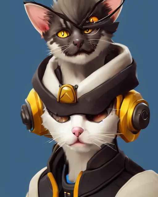 Image similar to overwatch concept art character portrait of a new character who is an elderly kitten with a scarred face and long mustache and eyepatch, trending on artstation, cgsociety,