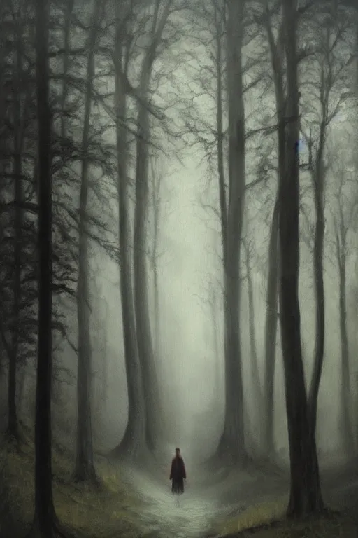 Image similar to dark and spooky woods. atmospheric, foggy, oil painting on canvas. fairytale. with a werewolf standing there