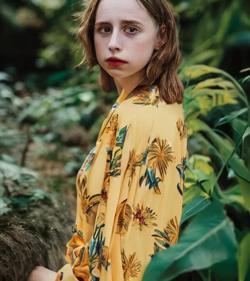 Image similar to head to shoulder Portrait an attractive young female that looks like Maya Hawke wearing a yellow kimono in a tropical greenhouse with a very detailed barn owl on her shoulder, medium format camera, 85mm f1.8, bokeh, Fashion shoot 8k, dreamy, elegant