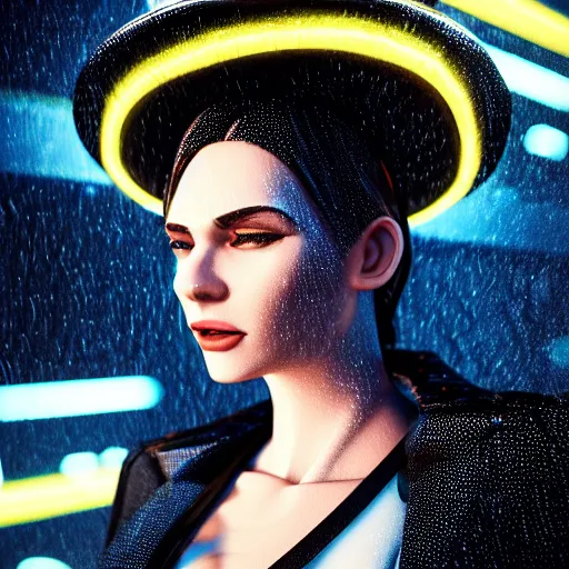 Image similar to stylish woman cartoon portrait made out of rain, pinstripe suit, top hat, cyberpunk background, rendered in octane, unreal engine, highly detailed, trending on artstation, realistic, neon, beautiful