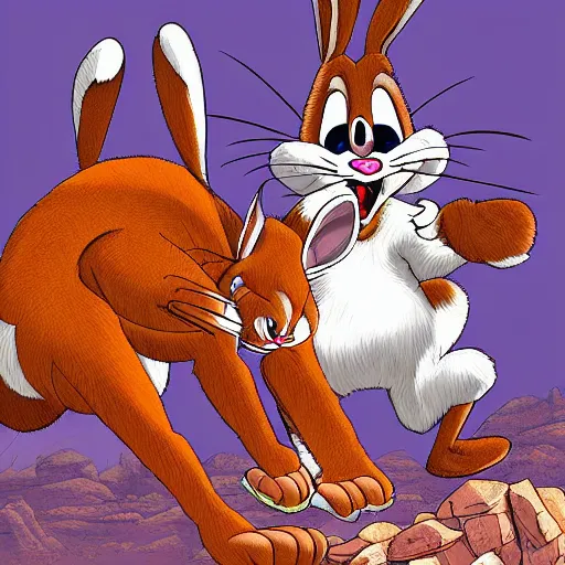 Image similar to bugs bunny being eaten by a mountain lion, digital art, 4k