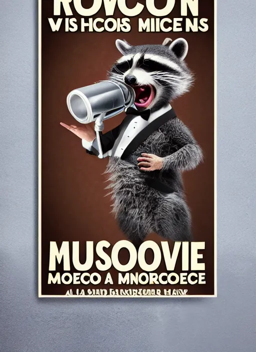 Image similar to A racoon screaming wearing a tuxedo, screaming into an oldschool microphone. Poster