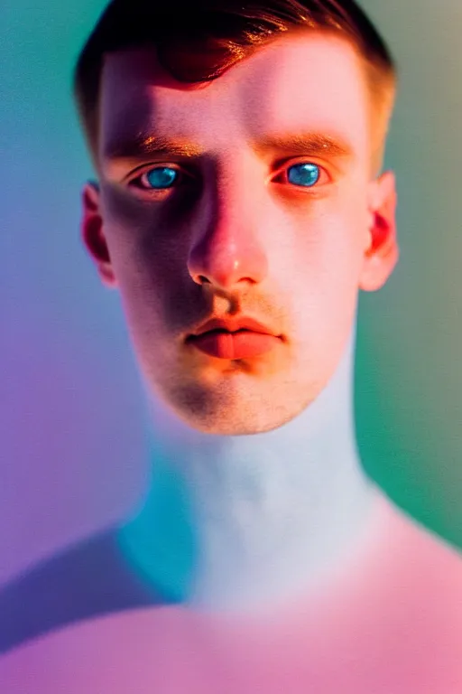 Image similar to high quality pastel coloured film mid angle portrait photograph of a beautiful young 2 0 year old male, soft features, short hair, perspex space visor and oversized inflated clothing!!!! icelandic black! rock pool environment. atmospheric three point light. photographic. art directed. ( pastel colours ). volumetric. clearcoat. waves. 8 k. filmic.