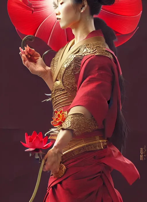 Prompt: ultra realistic illustration, portrait of a wrathful red samurai warrior woman holding a lotus flower, intricate, elegant, highly detailed, lotus flower, digital painting, artstation, concept art, smooth, sharp focus, illustration, art by artgerm and greg rutkowski and alphonse mucha and wlop