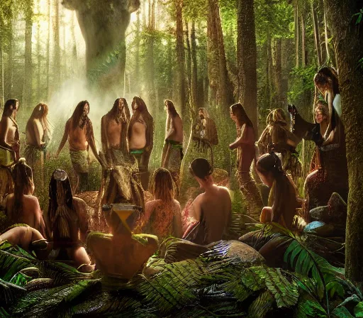 Image similar to a shamanic gathering of a tribe in a magical forest, spiritual connection with the forest, extreme detail, sharp focus, 8 k, intricate, hyper detailed, cinematic lighting