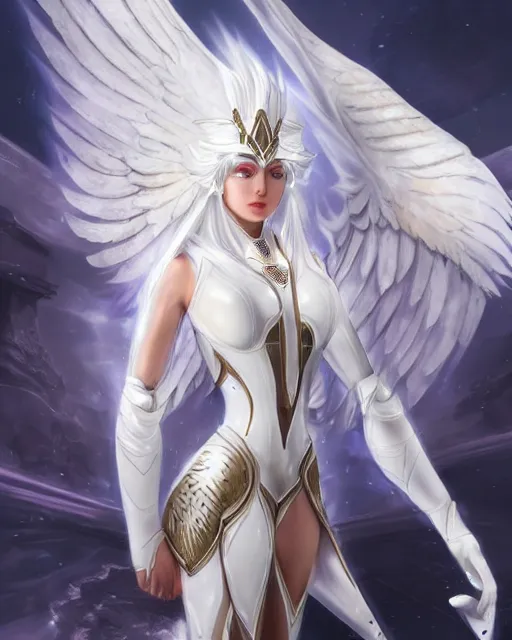 Image similar to perfect white haired egyptian goddess wearing white dove wings, warframe armor, regal, attractive, ornate, sultry, beautiful, ice queen, half asian, pretty face, blue eyes, detailed, scifi platform, 4 k, ultra realistic, epic lighting, android body, illuminated, cinematic, masterpiece, art by akihito tsukushi, voidstar