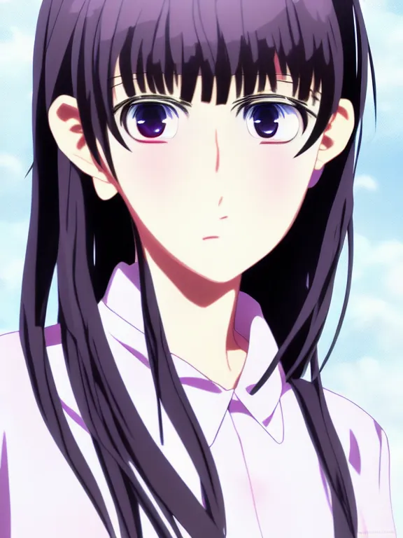 Image similar to anime art face portrait character concept art, anime key visual of a young woman wearing a fit and flare dress, straight bangs and large eyes, finely detailed perfect face delicate features directed gaze, trending on pixiv fanbox, studio ghibli, extremely high quality artwork