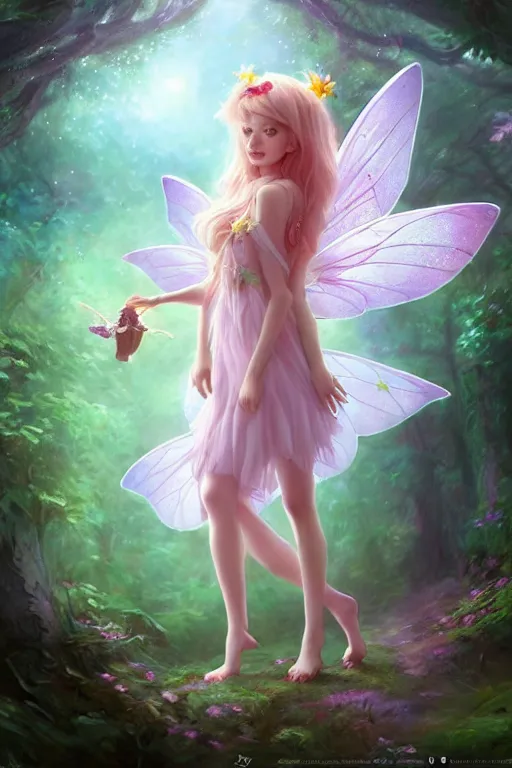 Image similar to a cute fairy in the dreamy forest, fantasy, 8 k resolution, hyper detailed, d & d, character design, digital painting, trending on artstation, sharp focus, illustration, art by artgerm, steve zheng, fuji choko, viktoria gavrilenko, hoang lap